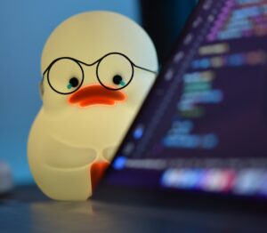 Rubberen eend die verschrikt naar een laptop kijkt