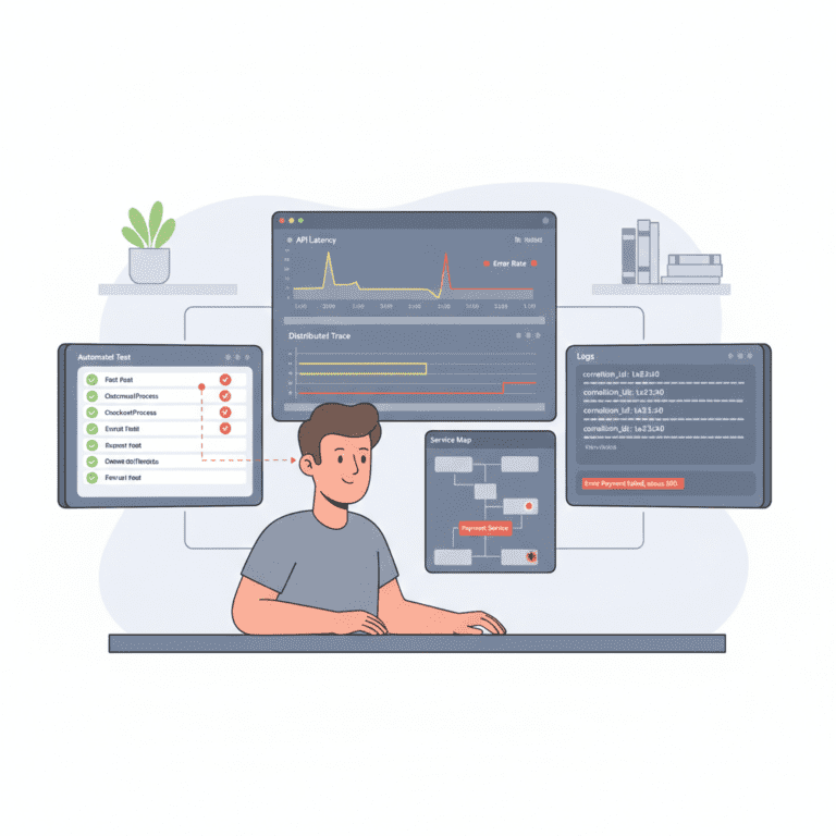 Tester kijkt naar schermen met metrics