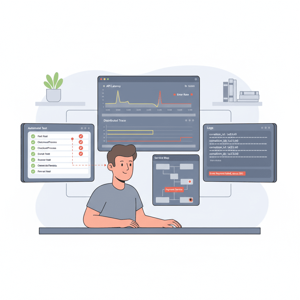 Tester kijkt naar schermen met metrics