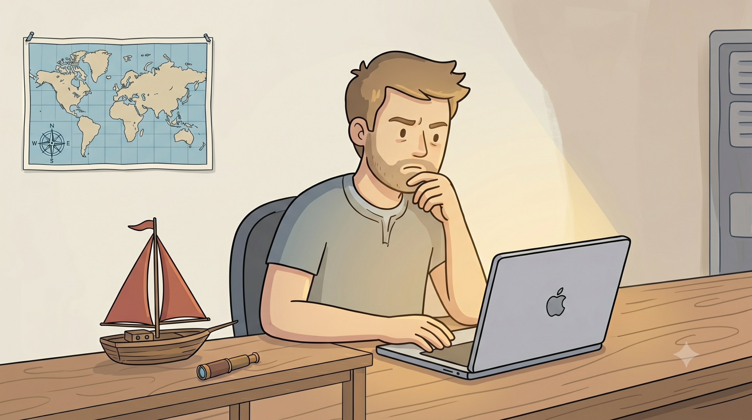 developer looking overwhelmed at laptop on desk with sailboat replica next to him